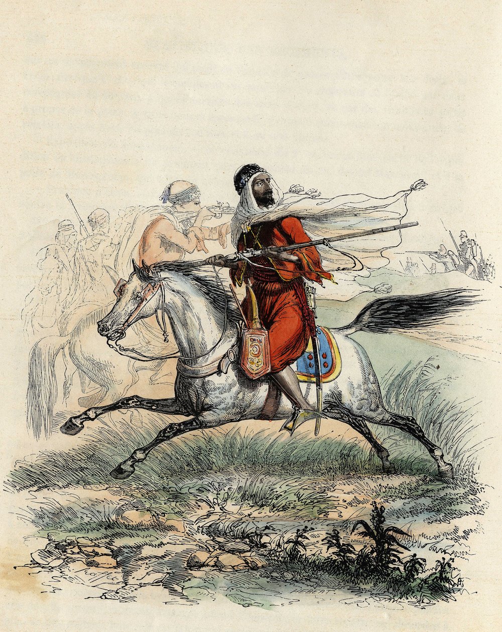 Red horsemen of Emir Abd-el-Kader fled by hunters on horseback of the French army at Oran in 1841, in “L