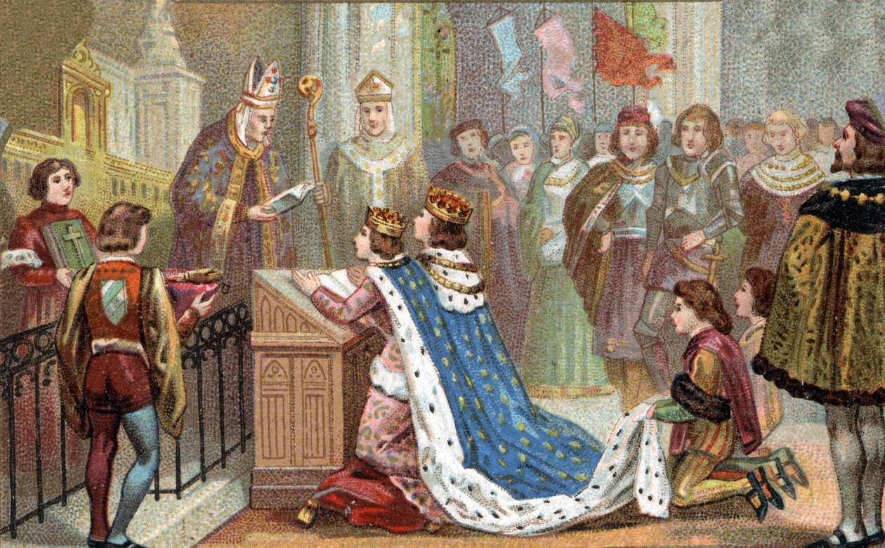 Bretagnes forhold til Frankrike: Ludvig XII (1462-1515) giftet seg med Anne de Bretagne (1477-1514). Ekteskapet deres gjenforent Bretagne med Frankrike (1499). Kromolitografi på slutten av 1800-tallet. av Unknown artist