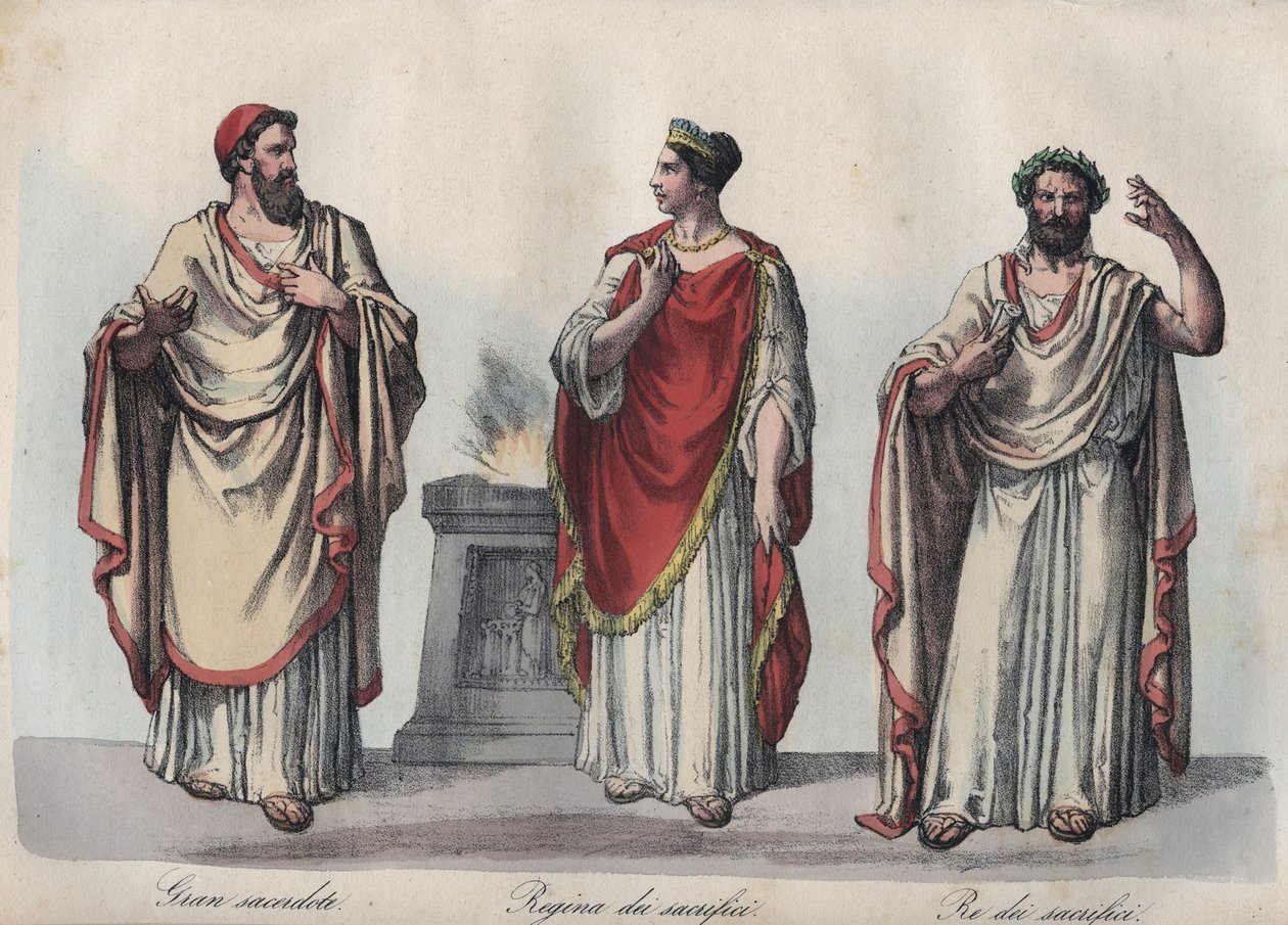 Religion in ancient Rome - Roman priest - Regina sacrorum - Rex Sacrorum (rex sacrificulus) - engraving from “” Usi e Costumi di Tutti i i Popoli dell