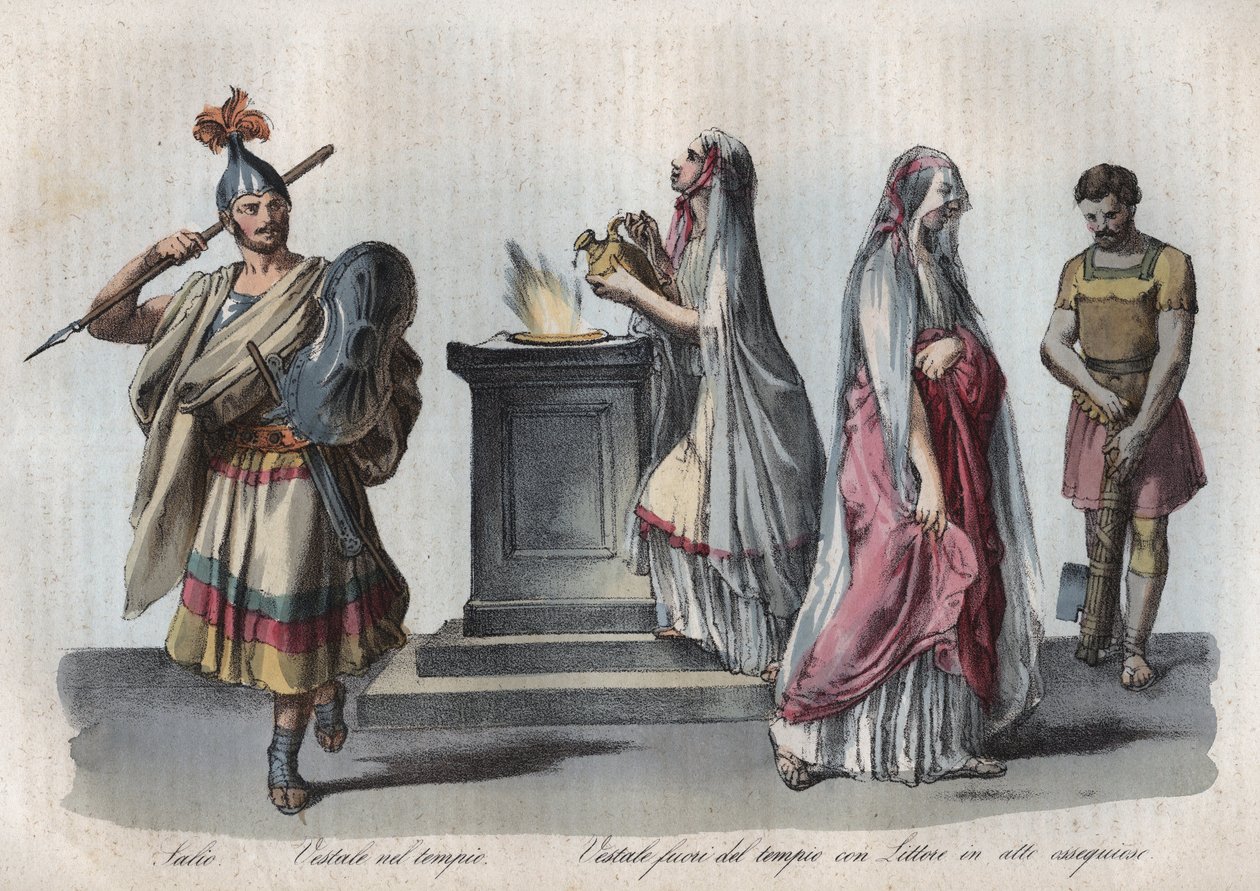 Religion i det gamle Roma - Salii (springende prester) og vestaler eller vestalske jomfruer - gravering fra "" skikker og tradisjoner til alle folkeslag i universet. Det er historien om regjeringen, lovene, militsen, om religionen til alle nasjon av Unknown artist