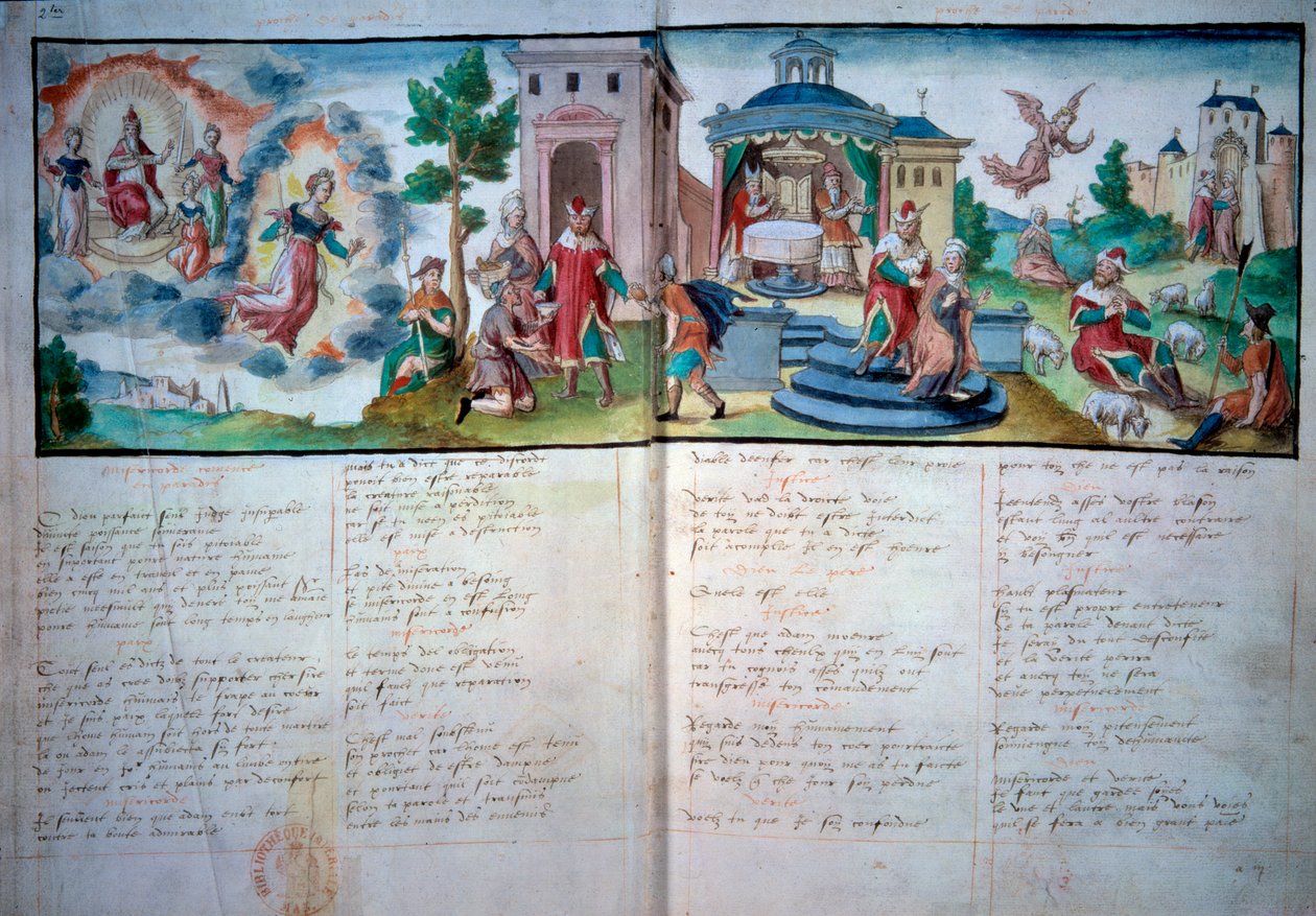 Religiøst teater: "" Passion and Resurrection"" spilt i Valenciennes i 1547. Manuskriptside med akvarell, Paris, B.N. av Unknown artist