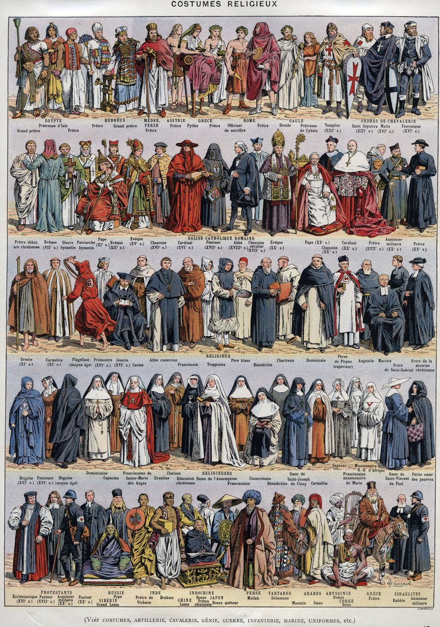 Religiøs drakt - fra antikken til det 20. århundre - Romersk-katolske kirke og andre religioner - Religiøs - Plate du Larousse universal rundt 1920 av Unknown Artist