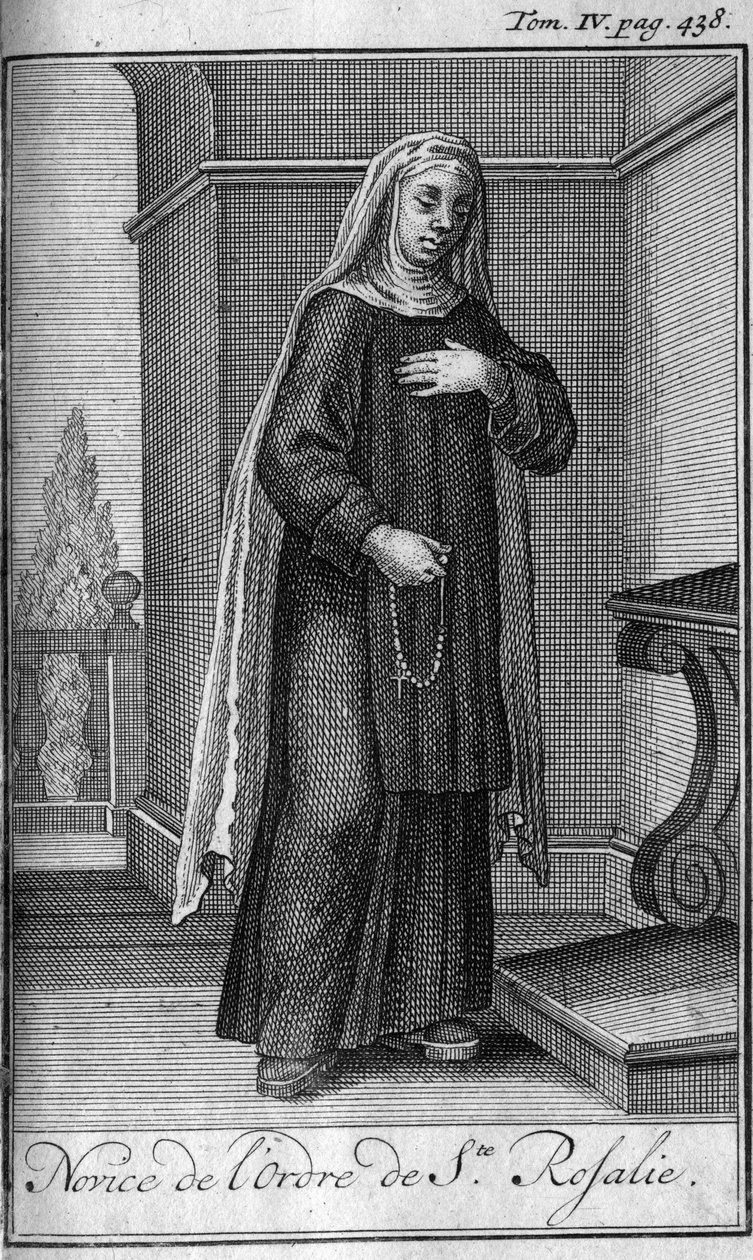 Religiøs orden. Nybegynner av St. Rosalia-ordenen i Palermo på Sicilia på 1600-tallet. I "" Historien om militære ordrer eller riddere, om sikre og rutinemessige militser av begge kjønn, som har blitt etablert til nå. Utgave hentet fra Abbe Gius av Unknown artist