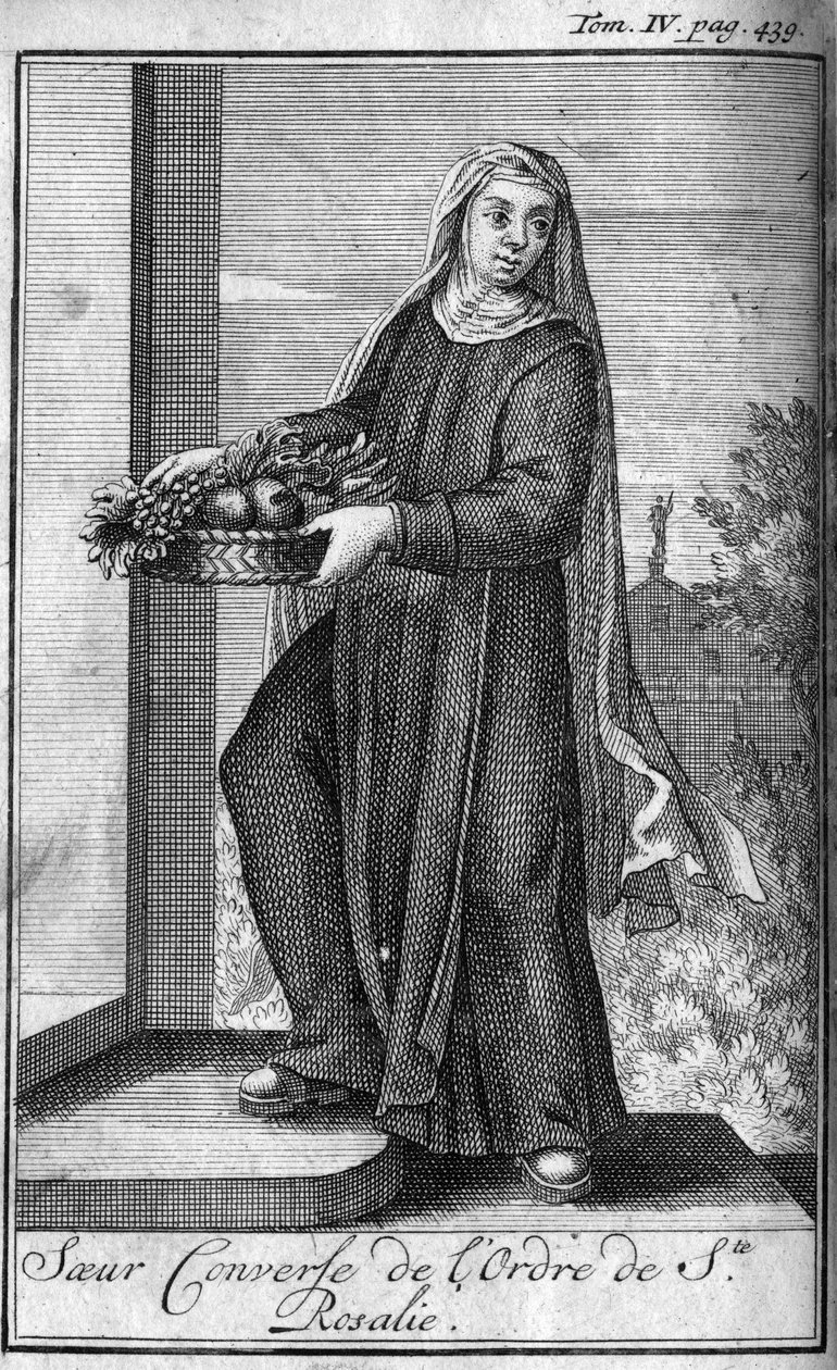 Religiøs orden. Søstre samtaler fra Saint Rosalia-ordenen til Palermo på Sicilia på 1600-tallet. I "" Historien om militære ordrer eller riddere, om sikre og rutinemessige militser av begge kjønn, som har blitt etablert til nå. Utgave tatt av Unknown artist