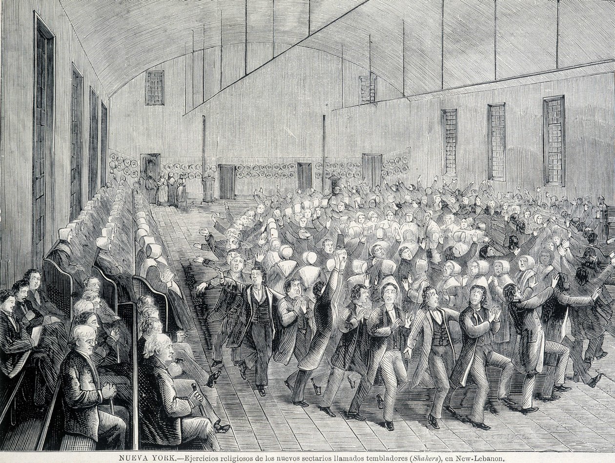 Religiøs prosesjon av Shakers i New York. 1800-tallsillustrasjon. av Unknown artist