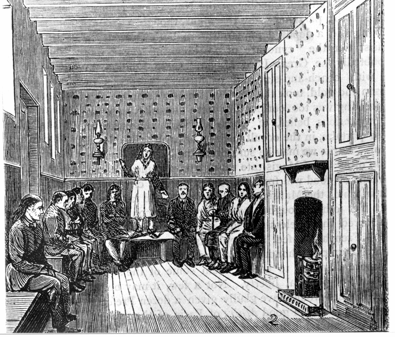 Religiøst møte mellom amerikanske shakere. 1800-talls gravering. av Unknown artist