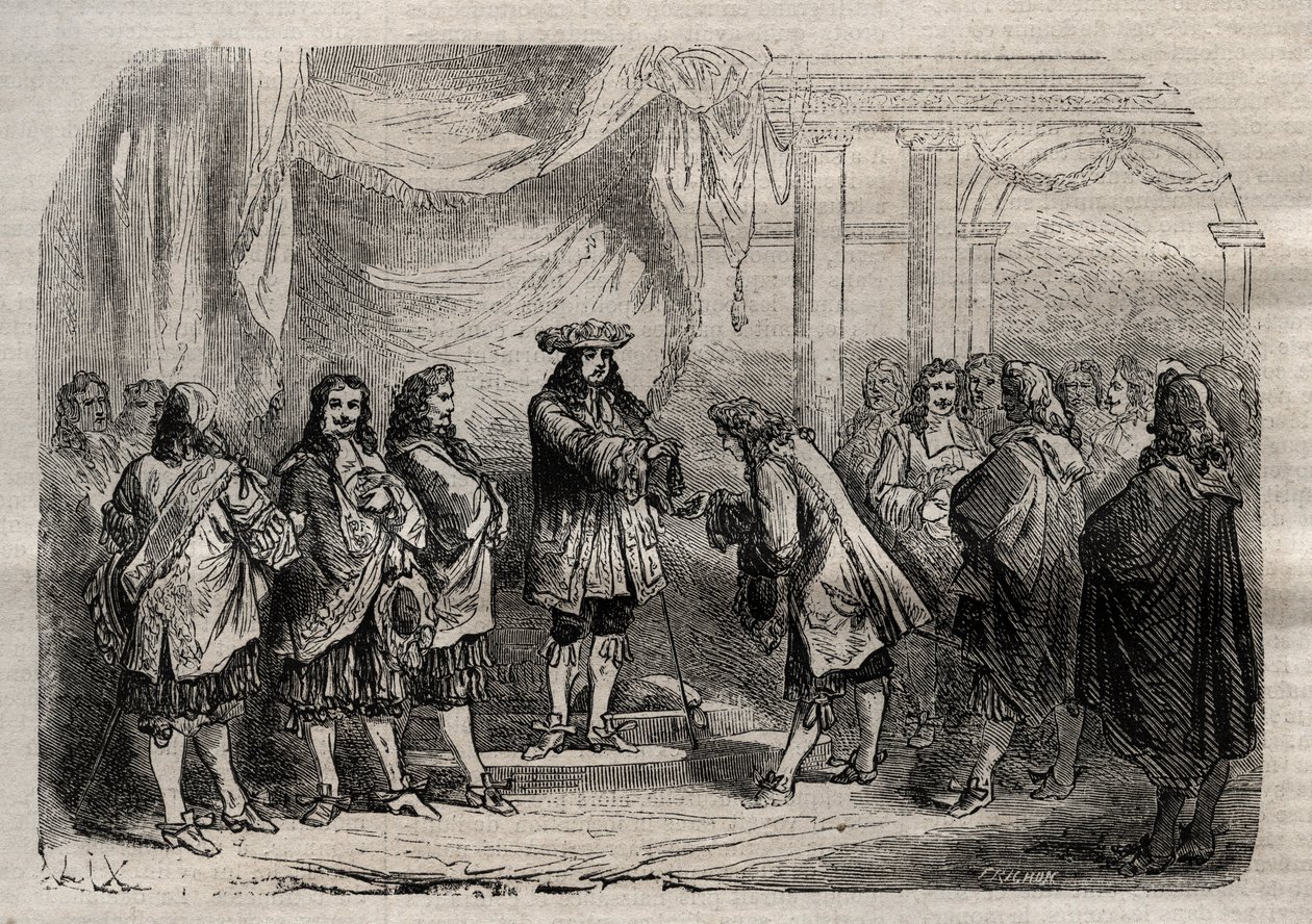 Rene Duguay Trouin (Duguay-Trouin) (Rene Trouin du Gue dit) (1673-1736) mottar Saint-Louis kors fra hendene til kong Louis XIV - gravering i "" Dictionnaire populaire illustrious" - 1864 - av Joseph Decembre og Edmond Allonier - av Unknown artist