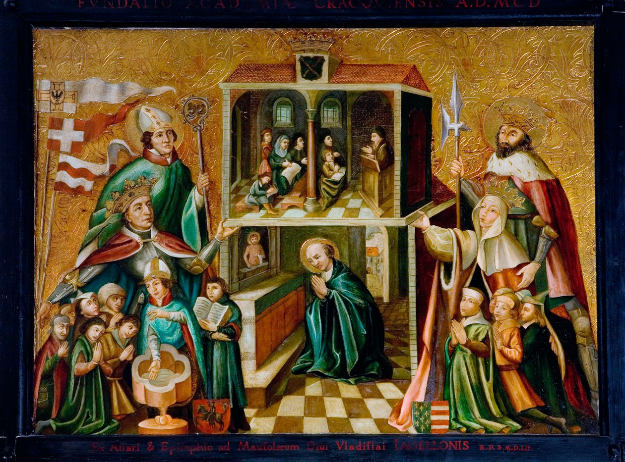 ""Representasjon av kong Ladislas II Jagellon av Polen og dronning Hedwig I av Polen (eller Edvige d'Anjou eller Jadwiga) (1372-1399) representerte knelende foran Jagellonian University. Scener av bønn og velsignelse. Maling på tre. Krakow av Unknown artist