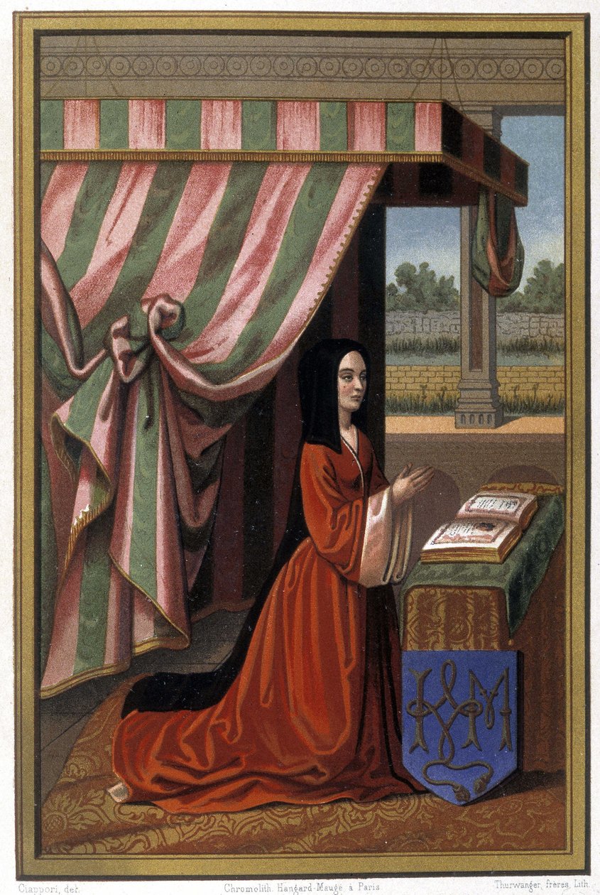 Representasjon av Anne de France kjent som Anne de Beaujeu (1461-1522) i bønn. Hun er datter av Louis XI og Charlotte de Savoie. Kromolitografi etter belysning. av Unknown artist