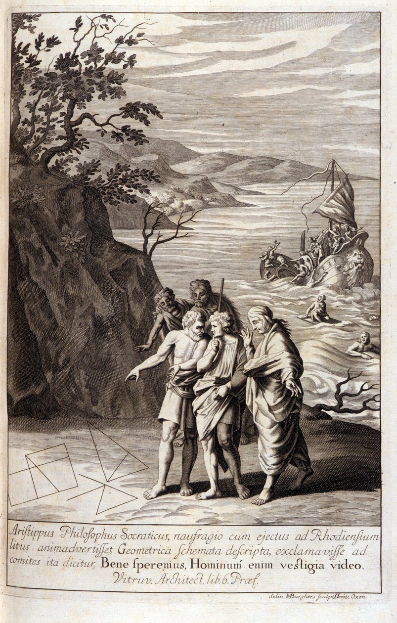 Representasjon av Aristipus av Kyrene (435-356 f.Kr.) gresk filosof disippel av Sokrates, etter forliset som kastet ham på kysten av Rhodos, oppdager han geometriske spor på sanden. Gravering fra bok XV av Euklids "Elementer". 1591 av Unknown artist