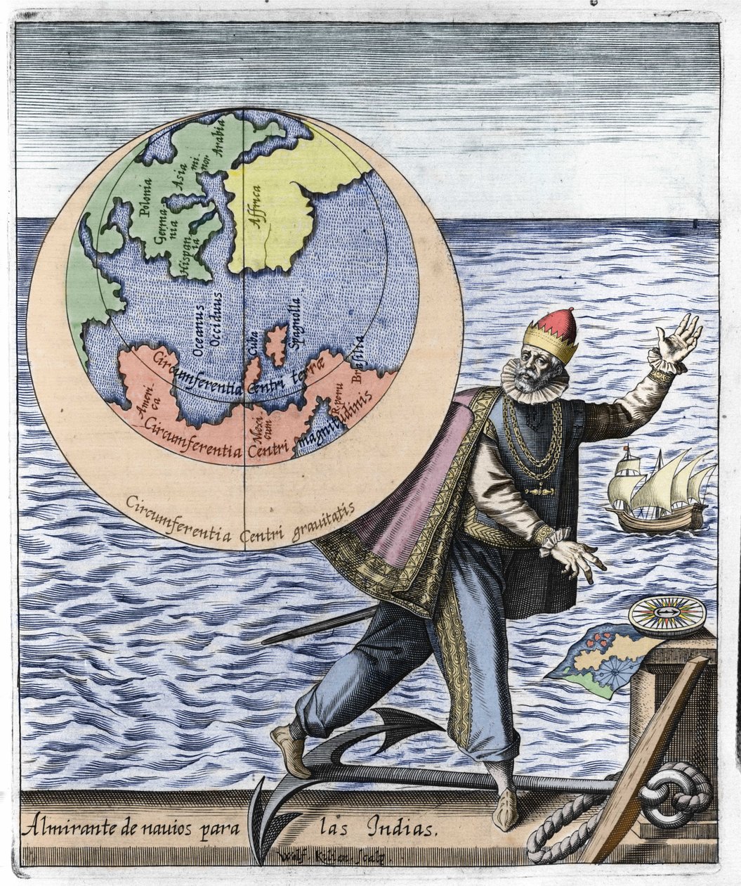 Representasjon av Christopher Columbus (1451-1506) - i "New Tipus After the Voyage of the New World" av Philoponus Honorius av Unknown artist