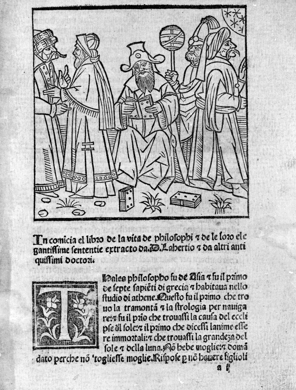 Representasjon av Diogene Laerce (120-240) (i midten) omgir forskjellige tenkere og filosofer. Side hentet fra "" Lives, doctrines and sentences of illustrious philosophers"" (Vitae Philosophorum) av poeten og historikeren Diogene Laerce (120-240) 1495 av Unknown artist