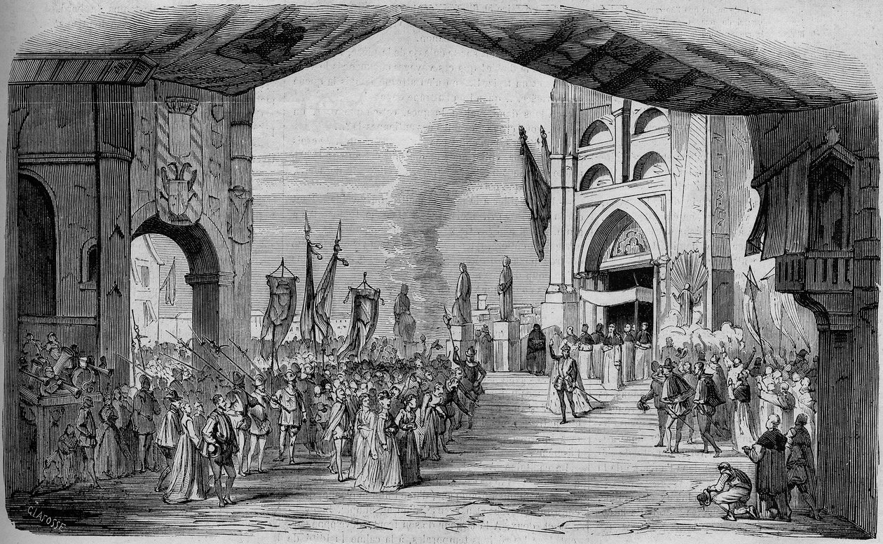 Representasjon av Don Carlo (Don Carlos) Opera i 5 akter av Giuseppe Verdi ved Paris Opera 11. mars 1867. The car da fe, 3. akt, dekor av Cambon og Thierry. Gravering fra 1867. av Unknown artist