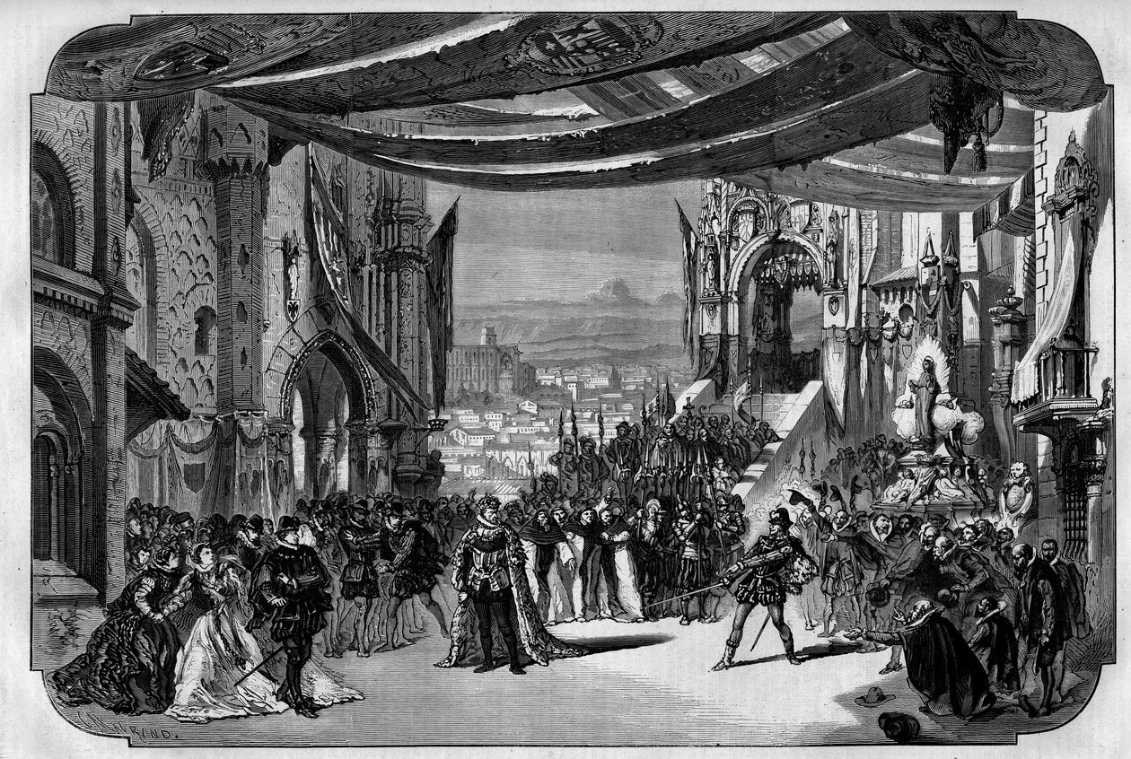 Representasjon av Don Carlo (Don Carlos) Opera i 5 akter av Giuseppe Verdi ved Paris Opera 11. mars 1867. I Neuvilles tegning tredje akt, fjerde maleri, scene IX. av Unknown artist
