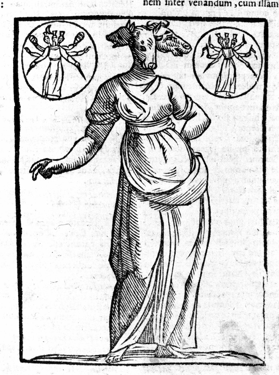 Representasjon av Hecate, gresk ond guddom, som ble reist ved korsveien, hadde vanligvis tre hoder. Gravering fra 1600-tallet. av Unknown artist