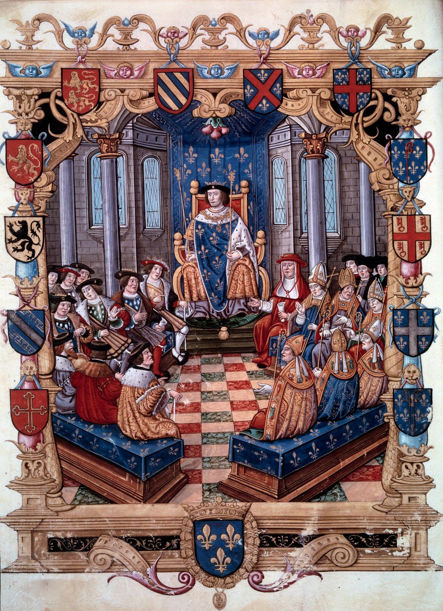 Representasjon av kong Francois I (1494-1547) omgir hans tolv jevnaldrende. Fra en miniatyr. Det 16. århundre. Chantilly, Conde-museet av Unknown artist
