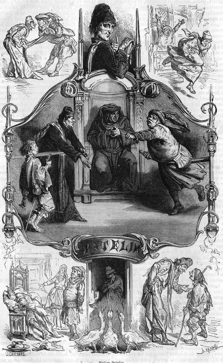 Representasjon av Master Patelin, kjent for "Farce of Master Patelin", som forteller om ulykkene til en advokat og hans hyrdeklient. Gravering av 1800-tallet. av Unknown artist