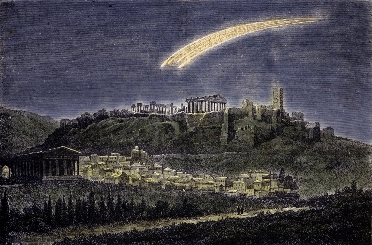 Representasjon av en komet over byen Athen i 1878. av Unknown artist