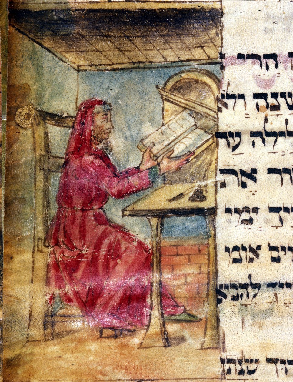 Representasjon av en rabbiner som studerer de hellige skrifter. miniatyr fra 1400-tallets manuskript. Biblioteca Estense Modena av Unknown artist