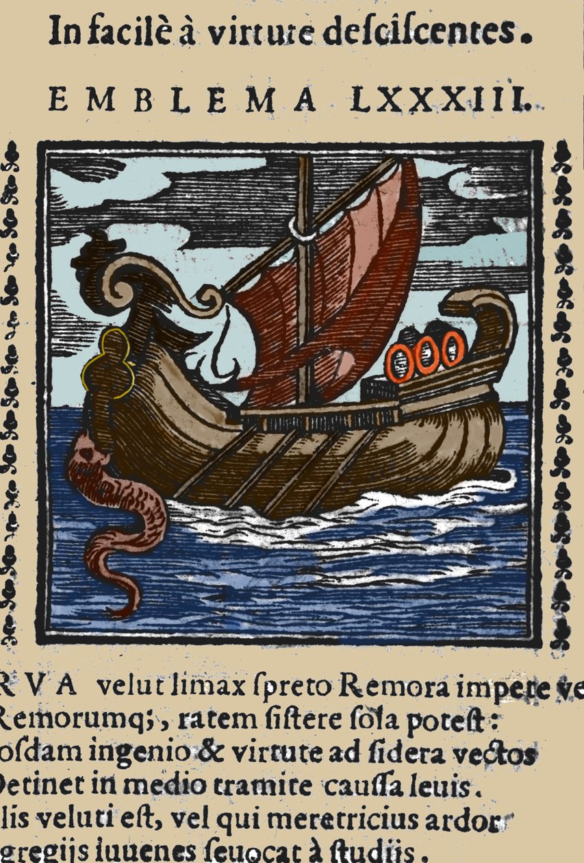 Representasjon av en remora som, ifølge historiene til Plinius, Saint Ambrose og Rabelais angrep skipene ved å feste halen med en sugekopp til en stein og blokkere skipet med munnen. Gravering fra et 1600-tallsverk av Unknown artist