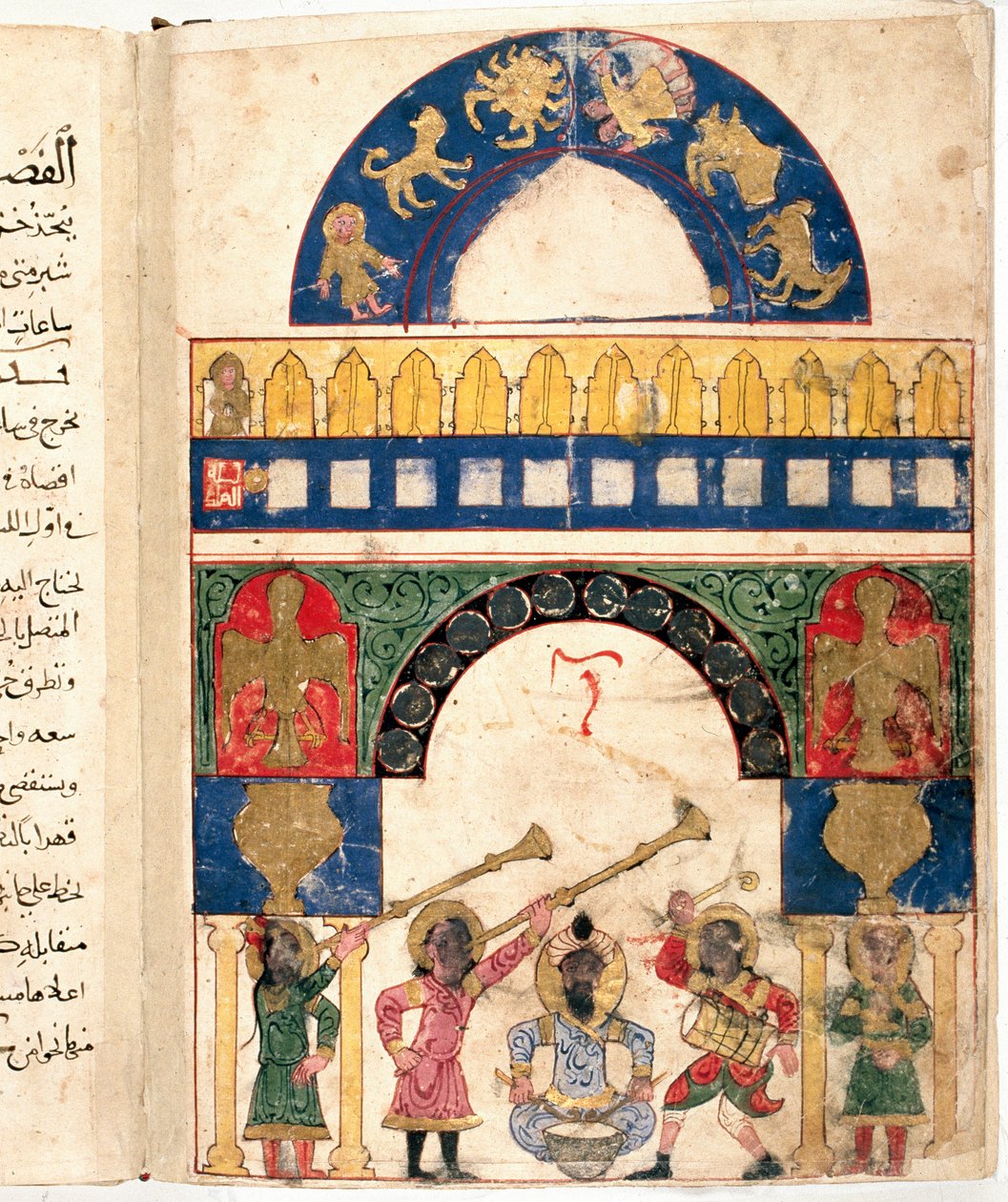 Representasjon av en vann-clepsydra (klokke) designet av den tyrkiske ingeniøren Ibn al-Rajjaj al-Jazari (Al Rajjaj Al Jazari) (1136-1206) og en kalender. Det skiller sirkelen til dyrekretsen, solen, månen av Unknown artist