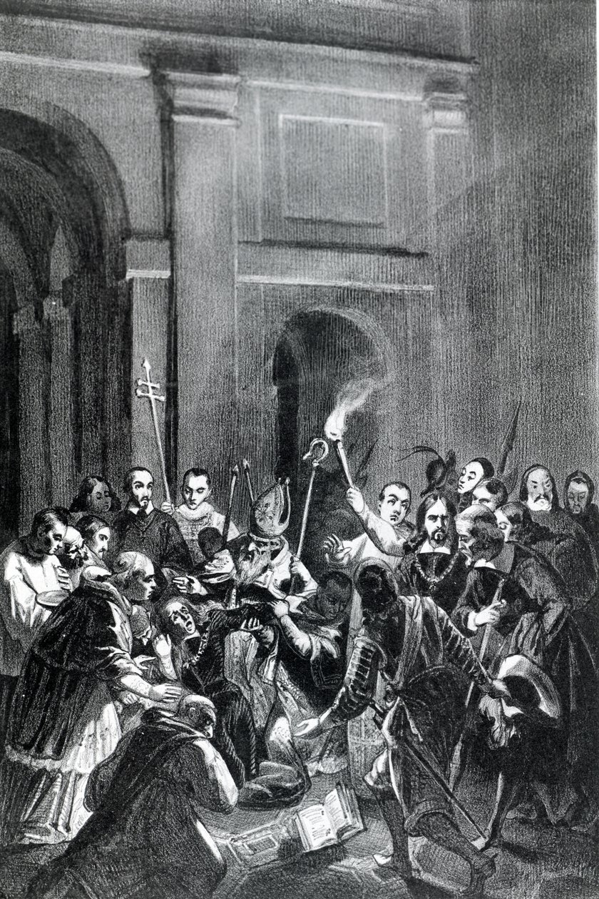 Representasjon av en eksorcismescene. 1800-talls illustrasjon. av Unknown artist