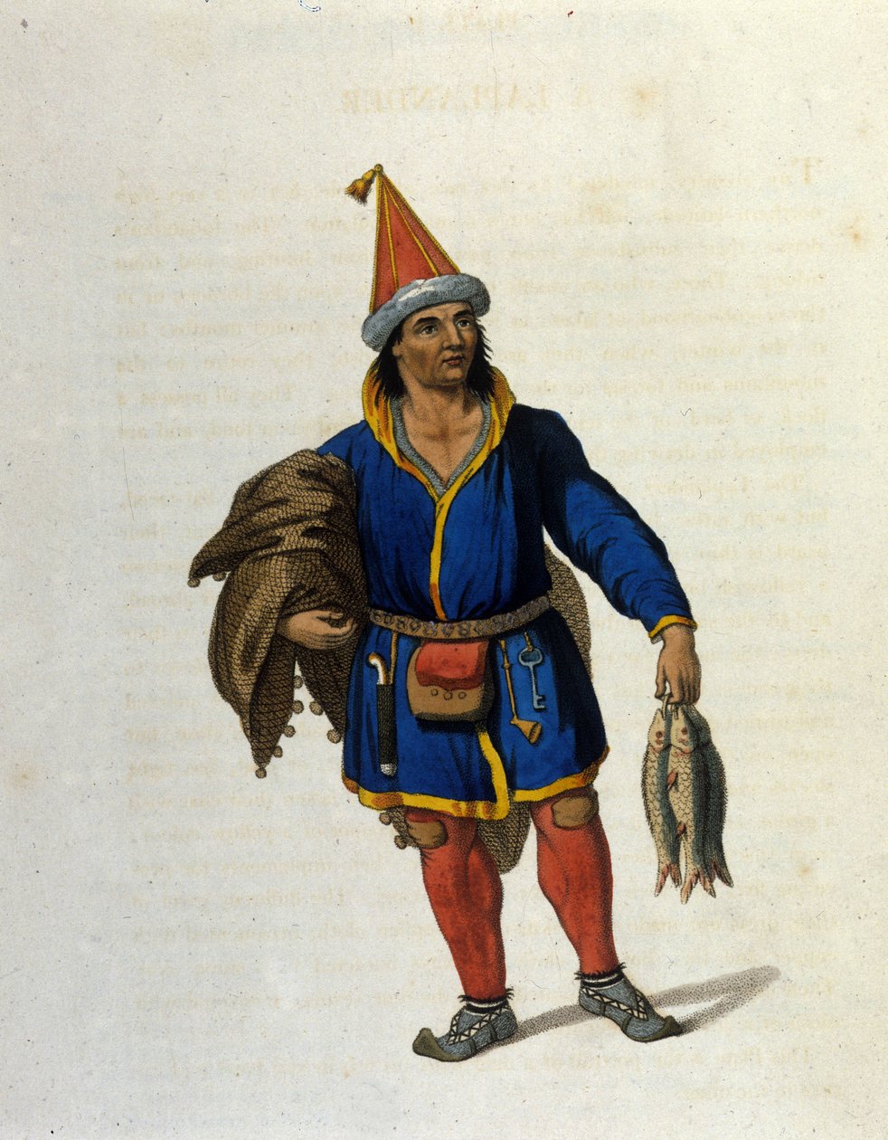 Representasjon av en urbefolkning same (som bor i territoriene til Norge, Sverige, Russland, Finland) som vender tilbake fra fiske. Gravering av 1800-tallet av Unknown artist