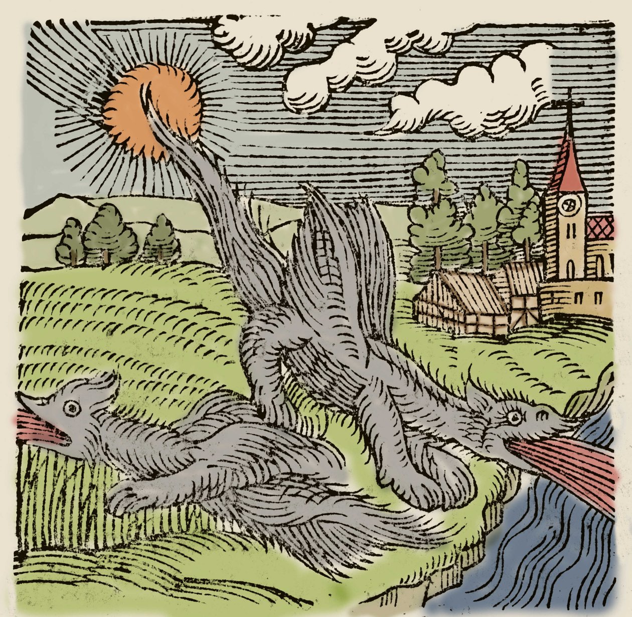 Representasjon av basilikker i flukt brennende hveteåkre. Gravering fra «Prodigiorum ac ostentorum chronicon» av Conrad Lycosthenes (1518-1561). 1557. av Unknown artist