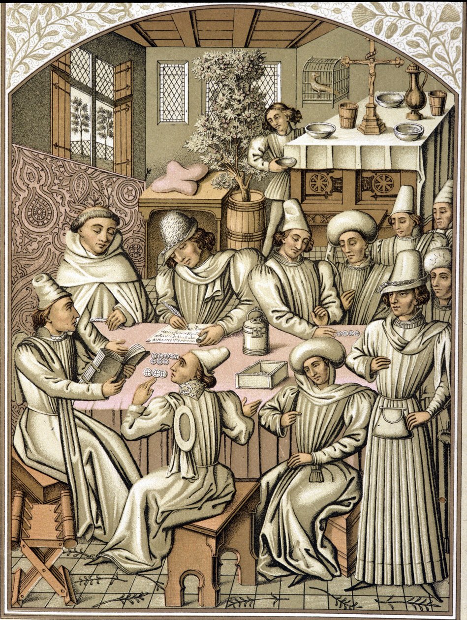 Representasjon av embetsmenn på 1300-tallet. kromolitografi fra regnskapsboken til brorskapet "Dio e Nostra Signora"" av Unknown artist
