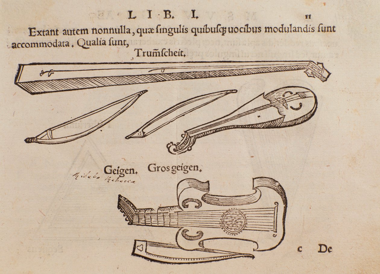Representasjon av strengeinstrumenter og bueskytter. Side hentet fra Musurgia praktiske musikkhåndbok av Unknown artist