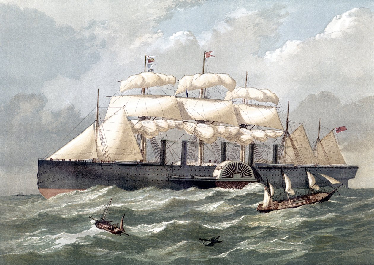 Representasjon av det britiske skipet Great Eastern, første gigantiske linjeskip, innviet i 1858 designet av Isambard Kingdom Brunel (Great eastern iron seil damp ship designet av Isambard Kingdom Brunel) - 1800-tallet av Unknown artist