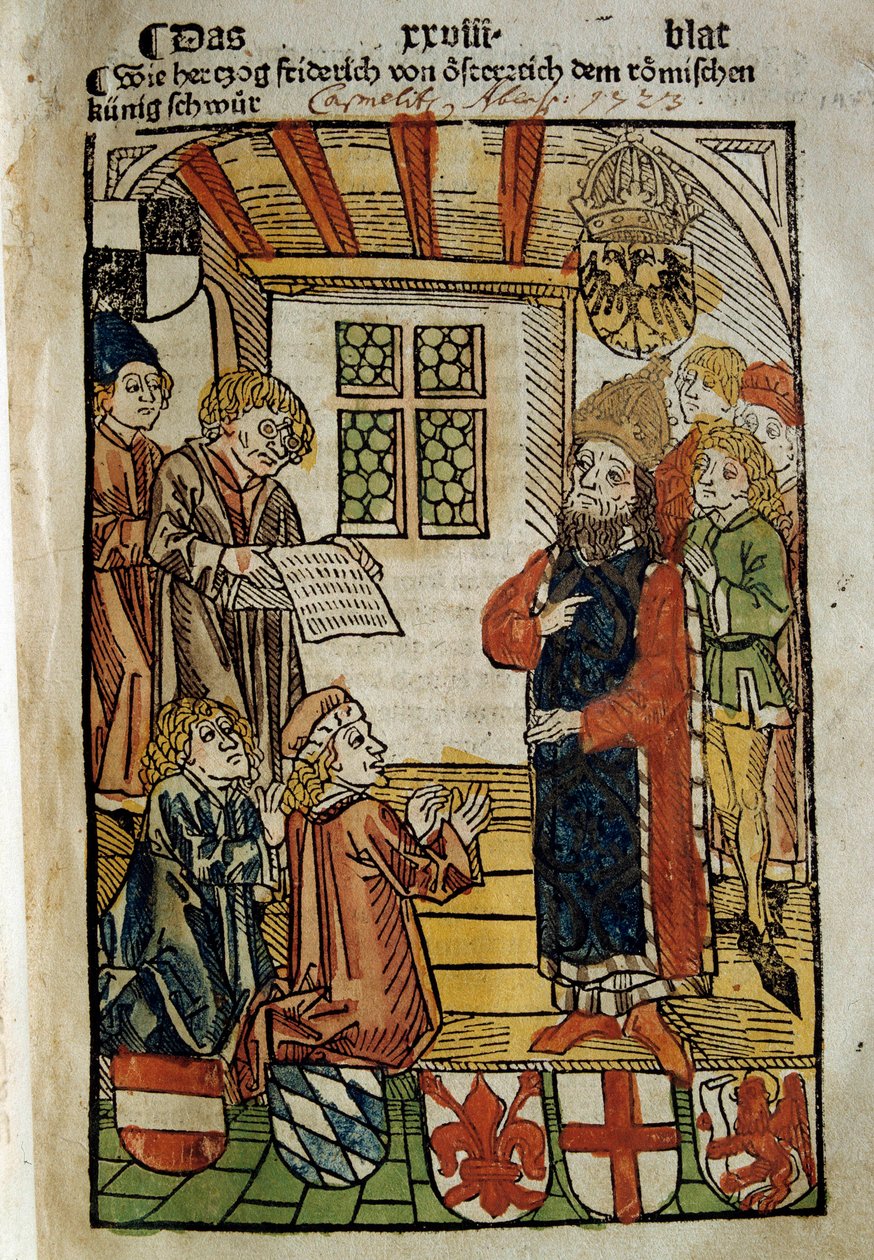 Representasjon av konsilet i Konstanz (1414-1418), sammenkalt av keiser Sigismund I og motpave Johannes XXIII. Han satte en stopper for Vestens store skisma. Miniatyr av 1414. Paris. polsk bibliotek av Unknown artist