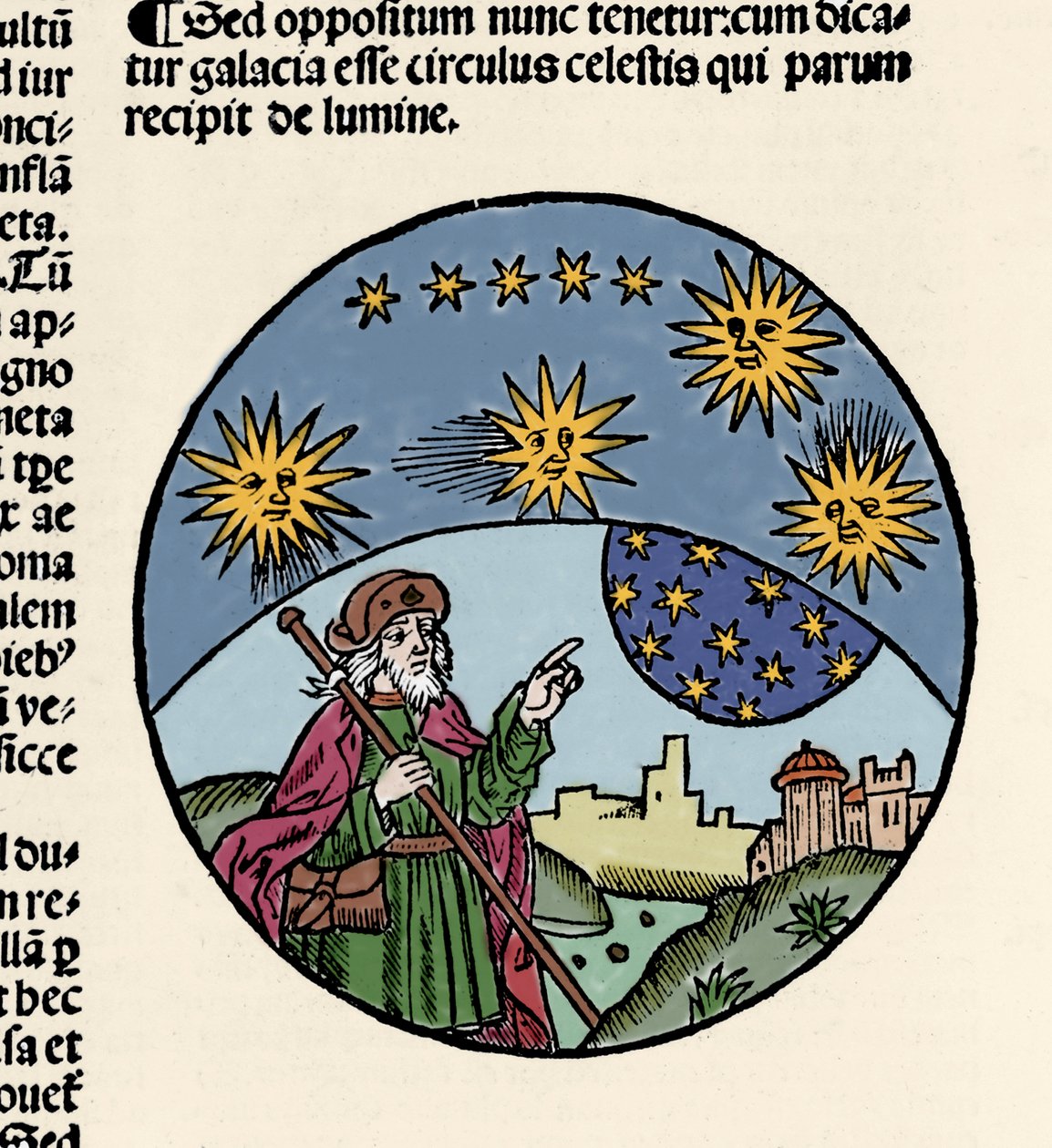 Representasjon av den greske filosofen Aristoteles (384-322 f.Kr.) som indikerer stjernene. Gravering fra fysikkens vandring ""Den forkortede teksten til Aristoteles om de åtte bøkene i fysikk og hele naturfilosofien"" av Thomas Bricot (d. 1516). 1496 av Unknown artist