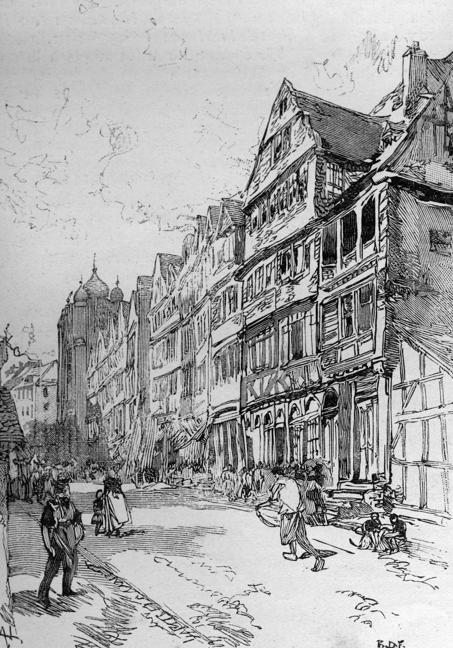 Representasjon av den jødiske gaten i Frankfurt, fødestedet til Rothschild-familien. Gravering i ""The Illustrous World"" av Unknown artist
