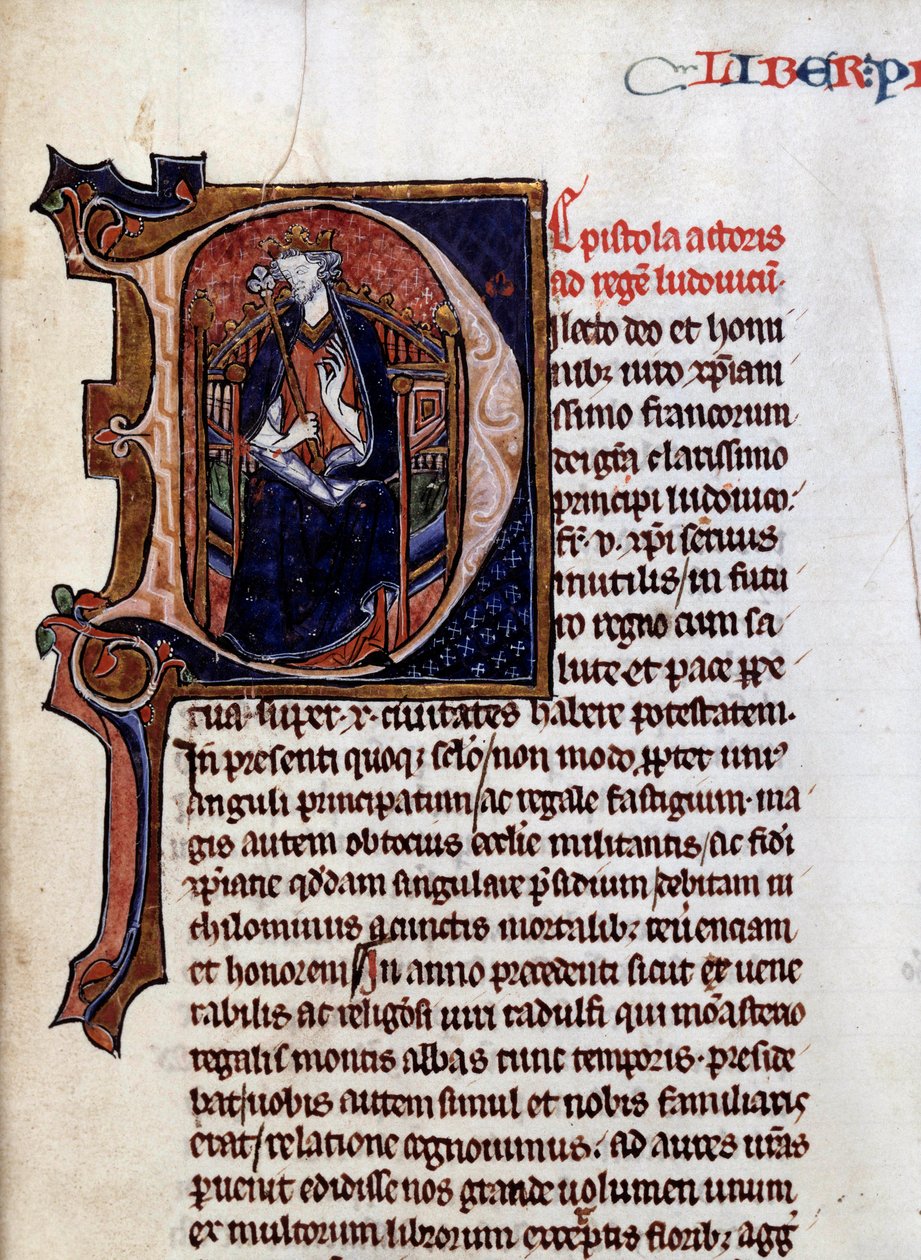 Representasjon av kongen av Frankrike Saint Louis (eller Louis IX) (1214-1270). Miniatyr hentet fra "" The mirror of History"" (Speculuum Historiale) av Vincent de Beauvais (1190-1267), Dijon, kommunalt bibliotek av Unknown artist