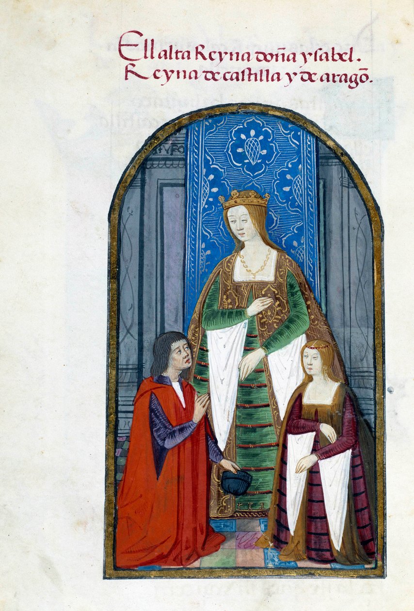 Representasjon av dronningen av Spania Isabella den katolske (1451-1504), hennes datter Jeanne Iere the Folle (1479-1555) og Pedro Marcuello. Manuskriptside hentet fra "" Collection of devotion of Queen Joan the Folle (1479-1555) of Spain"" av Pedro Mar av Unknown artist