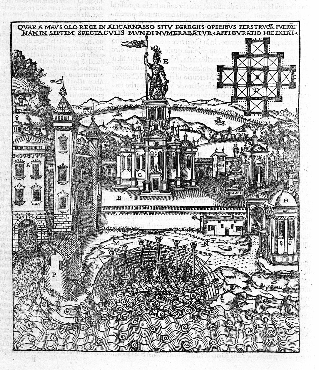 Representasjon av antikkens syv underverker: Mausolee of Halicarnassus som lå ved Egeerhavet i det sørvestlige Tyrkia. Gravering i "" de Architectura""" av Vitruva (1. århundre f.Kr.) - utgave av Gottardo da Ponte, Come av Unknown artist