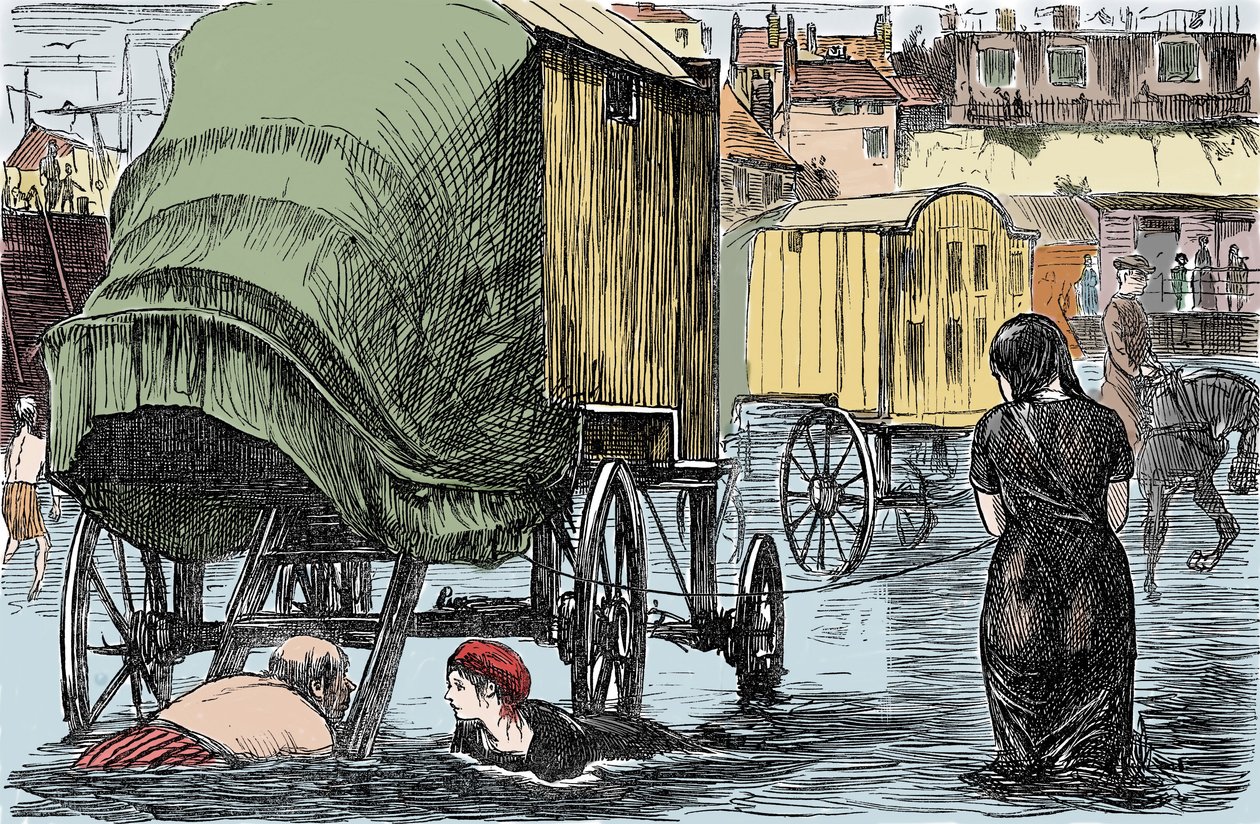Representasjon av badehytta oppfunnet i 1750 av Benjamin Beale: kvinner inne får tilgang til havet direkte fra denne hestetrukne vognen. Humoristisk tegning fra "Punch Magazine" 1870 av Unknown artist