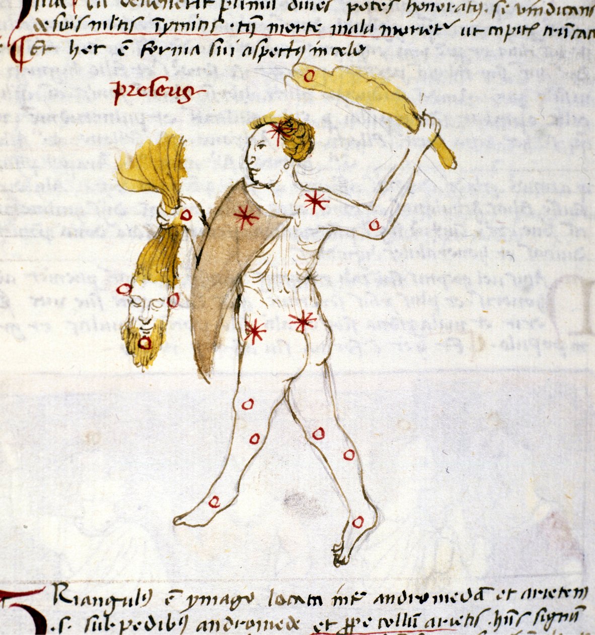 Representasjon av stjernebildet Bouvier (Botes) Jegeren Botes holder håret til Berenices i hånden. Miniatyr fra "Astronomica" av Biasino da Parma (Blaise de Parma) (1425-1457) av Unknown artist