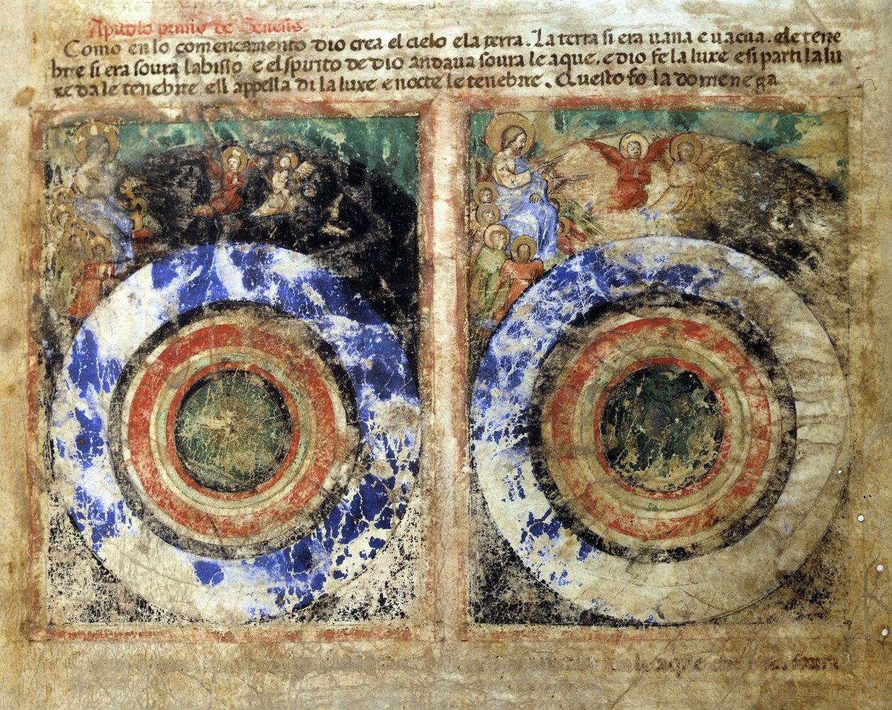 Representasjon av skapelsen av verden. Genesis. Miniatyr fra kodeks 212 (eller padovano-kodeks eller Bible of Padua) 1390-1400 Rovigo, Accademia dei Concordi av Unknown artist