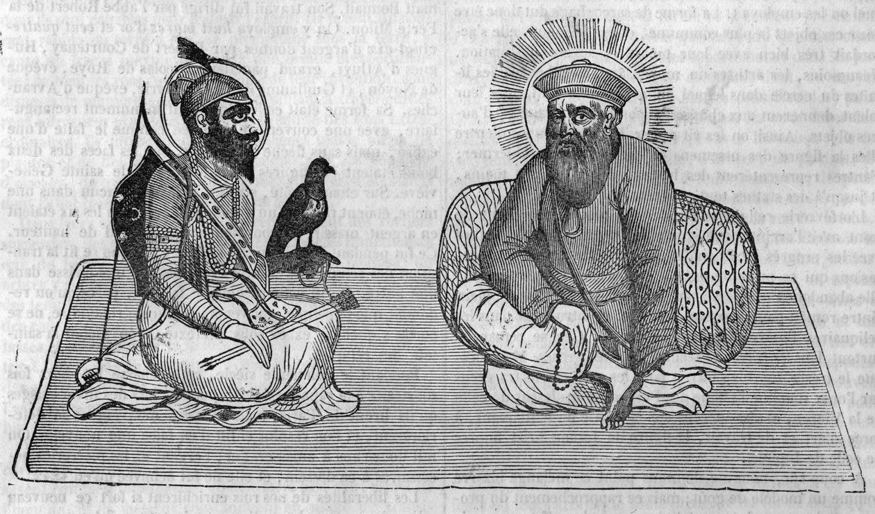 Representasjon av grunnleggerne av sikhismen (eller sikh-religionen): Guru Nanak (1469-1539) og Guru Gobind Singh (1666-1708). I "" Le magazin pittoreske"" 1836 av Unknown artist