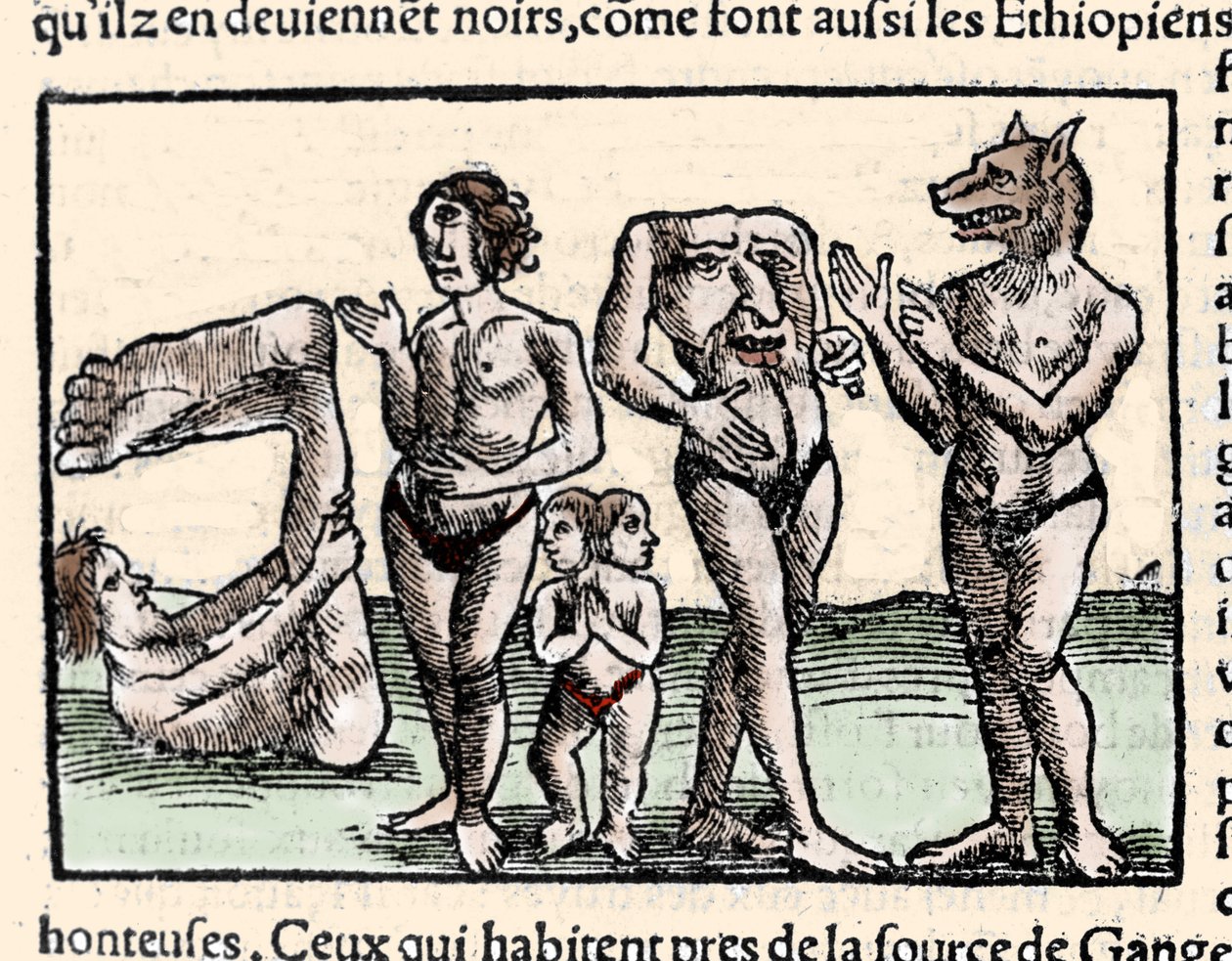 Representasjon av monstrene beskrevet av Amerigo Vespucci (1451-1512): fra venstre til høyre: en manopod, en kyklop, en mann med to hoder, en mann uten hode og en mann med hundehode eller cynocephalus. Xilografi hentet fra Sebastien Munsters "Universal av Unknown artist