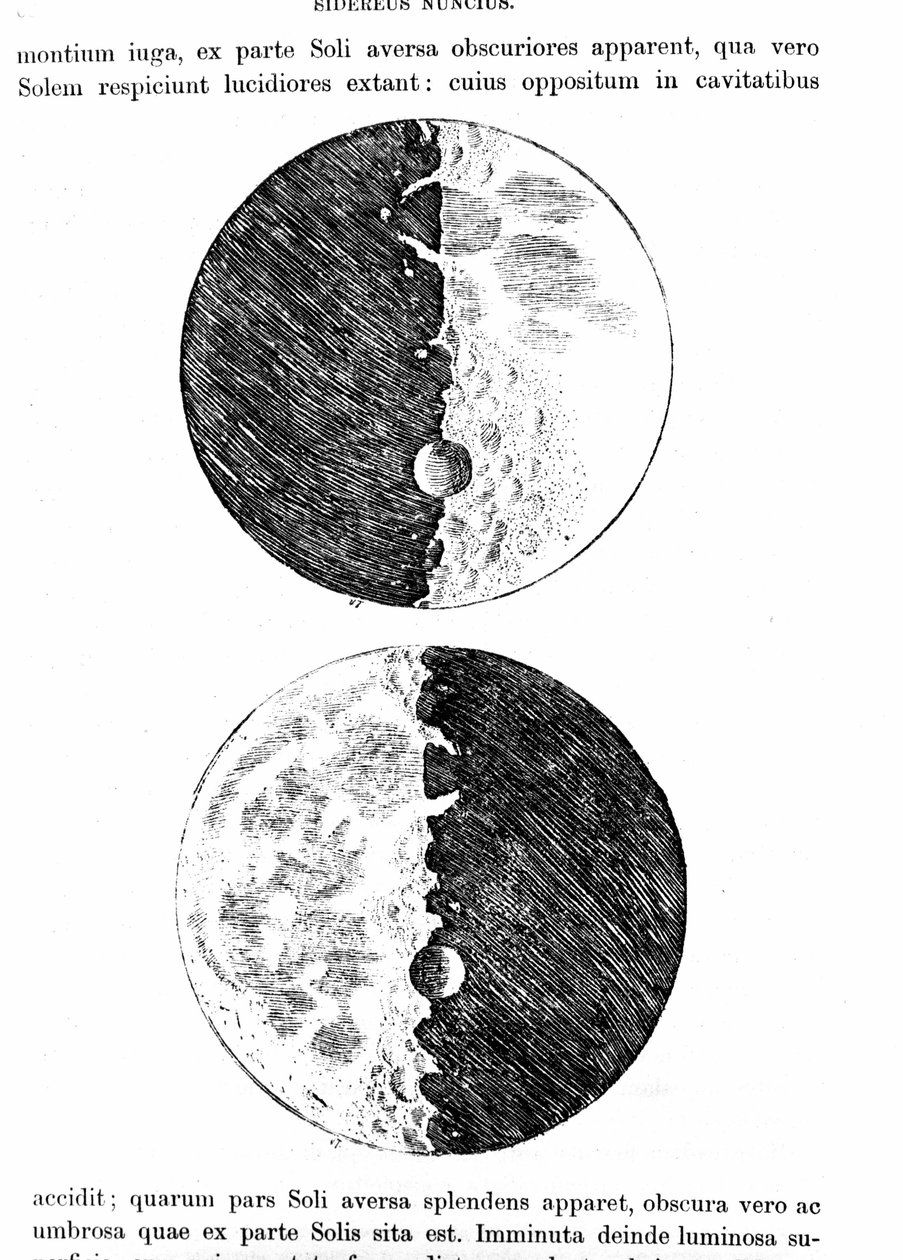 Representasjon av månen. Tallerken hentet fra "" Sidereus nuncius"" (eller "" den himmelske budbringeren") av Galileo Galilei (Galilea) av Unknown artist