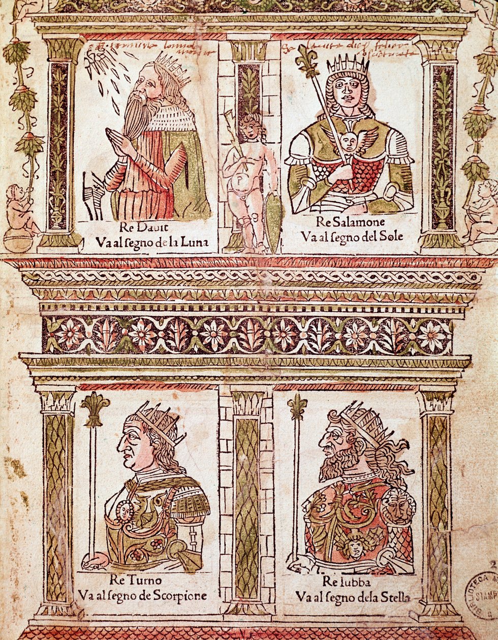 Representasjon av kongenes side: Kong David, kong Salomo, kong Turno og kong Lubba (Page of the kings) Plate fra "" Libro delle utgitt "" av Lorenzo Spirito Gualtieri (eller Lorenzo Spirito da Perugia (Perugia) (1426- 1496) poet og huma av Unknown artist