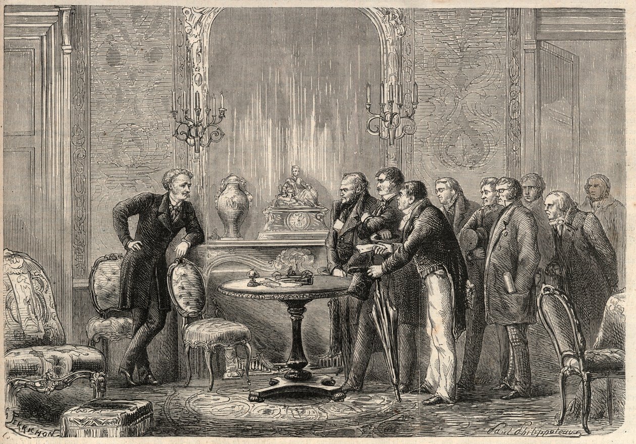 Representasjon av stykket "" Mercadet"" (Le Faiseur) av Honore de Balzac (1799-1850) på Comedie Francaise. Akt III, Scene VI. Gravering i ""The Illustrious Universe"" av Unknown artist
