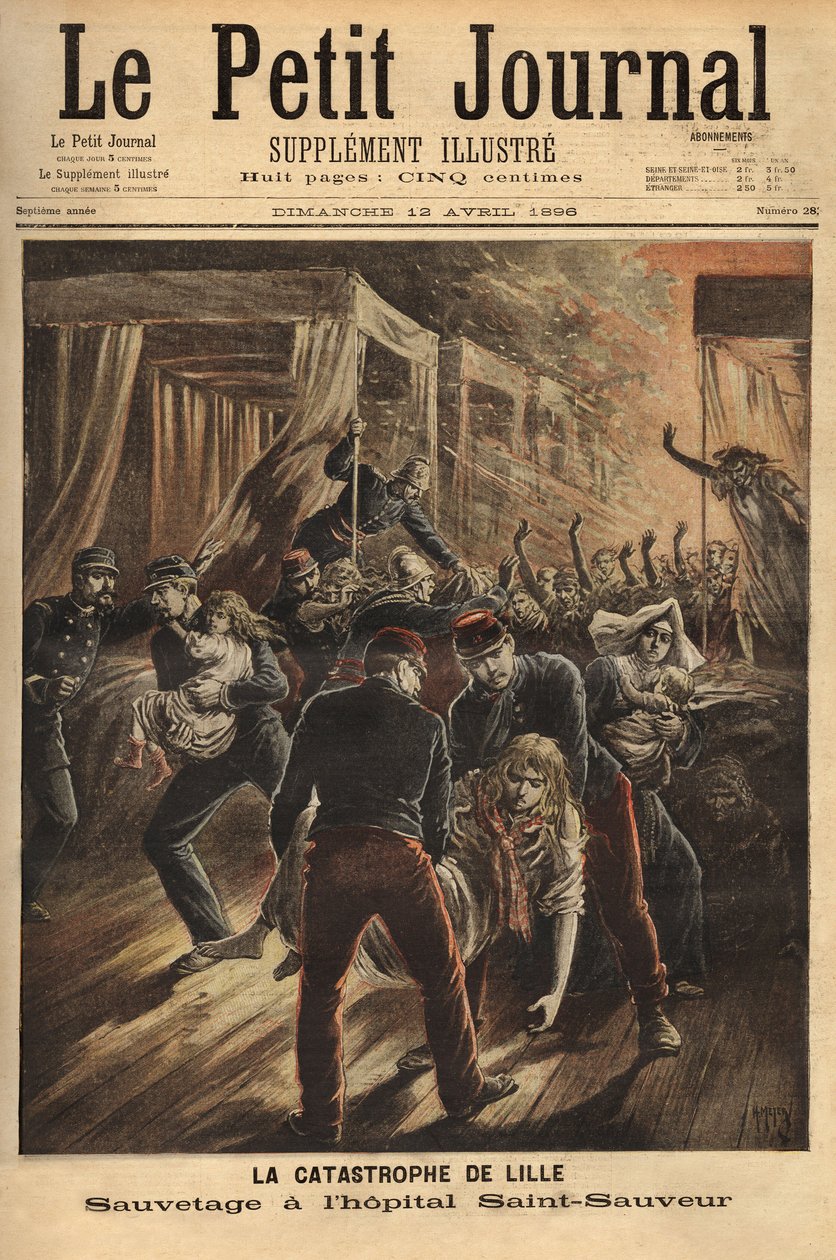 Redning ved Saint Saviour Hospital i Lille eller en brann herjet de tre eldste monumentene i byen, kirken, det gamle tårnet og sykehuset. Gravering i "" Le petit journal"" 12.04.1896. Selvas samling. av Unknown artist