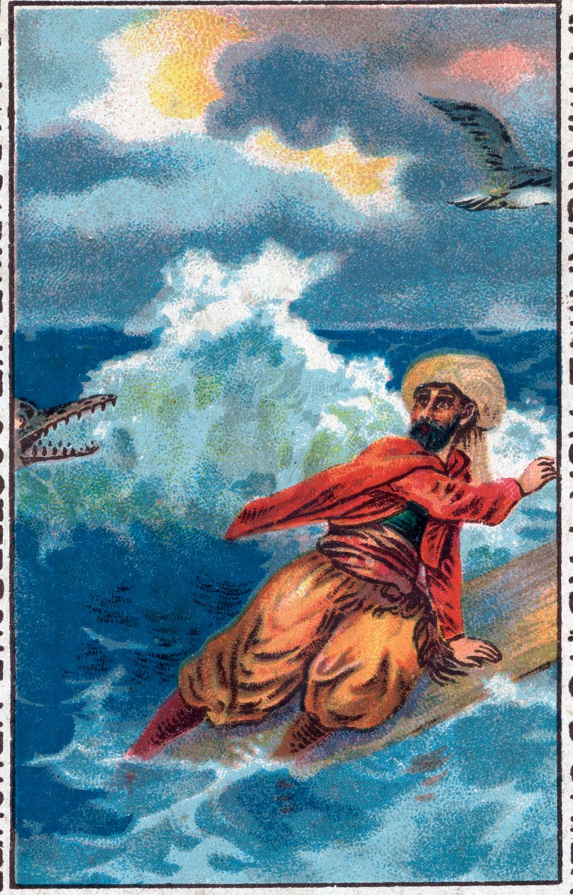 Redning på et brett. De fantastiske eventyrene til sjømannen Sinbad (Sindbad). Populær fortelling om 1001 netter (ett tusen og en natt). Kromolitografi fra slutten av 1800-tallet. av Unknown artist
