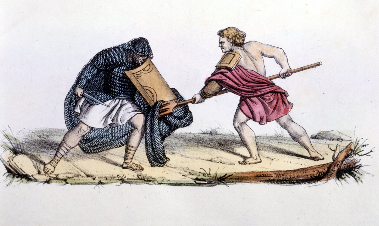 Resiario og Mirmillone. 1800-talls gravering. av Unknown artist