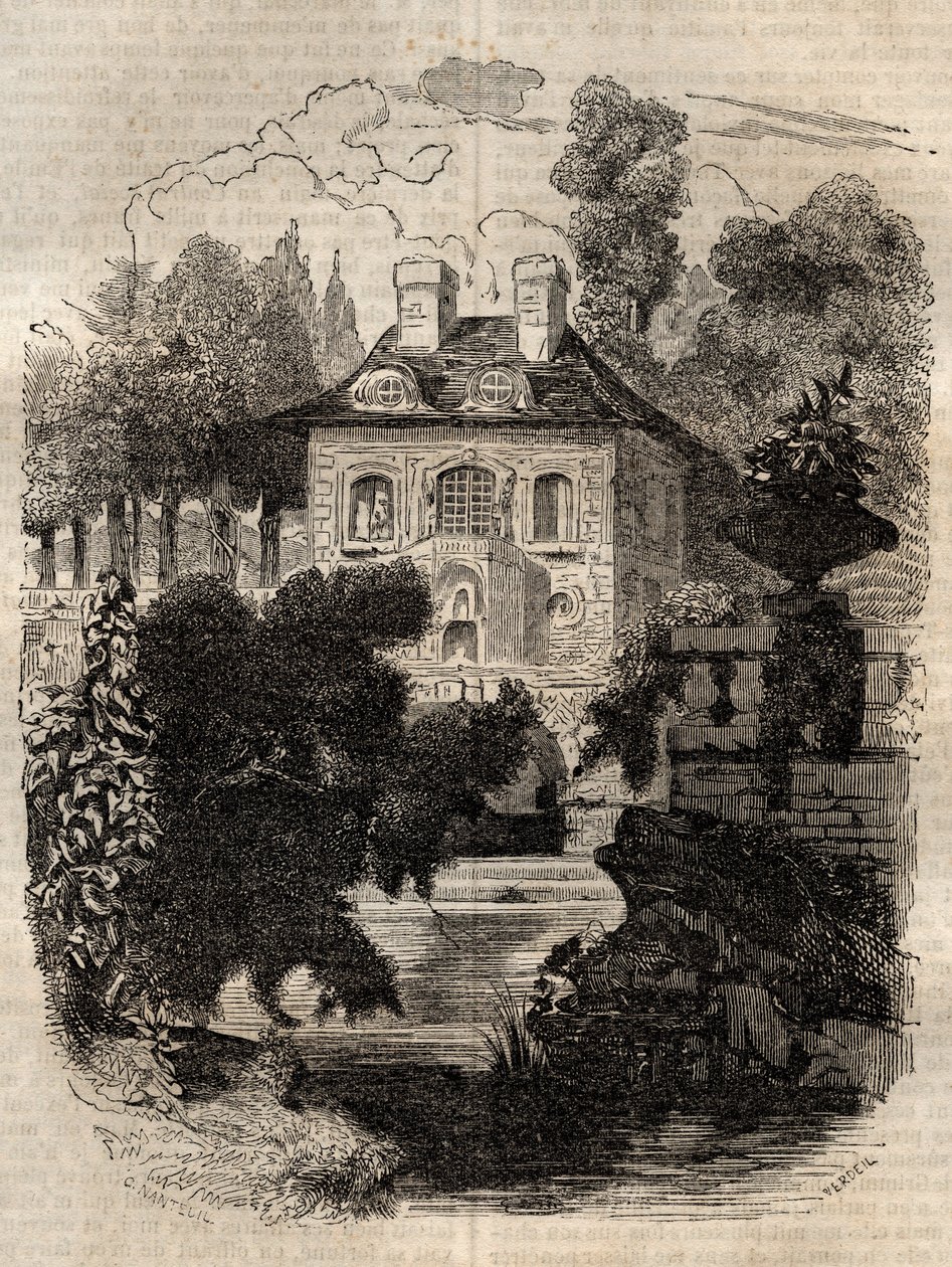 Residens til Rousseau på øya Saint-Pierre (St. Petersinsel) Bern - Sveits - Illustrasjon til "" Confessions" av Jean-Jacques (Jean Jacques) Rousseau (1712-1778) - gravering av 1849 av Unknown artist