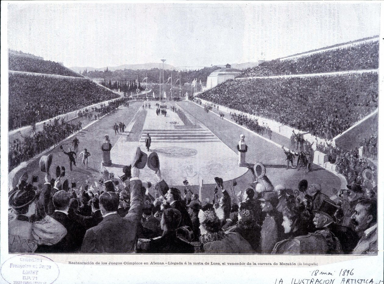 Restaurering av de olympiske leker i Athen: ankomst av Lues, maratonvinner av Unknown artist